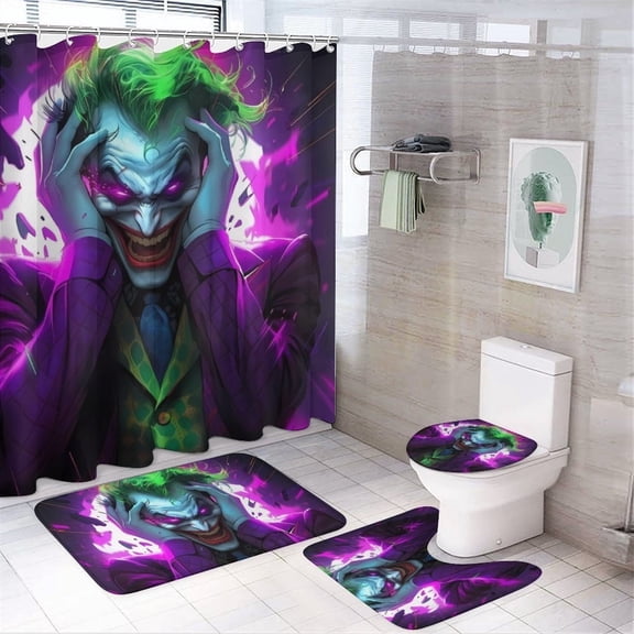 Clown 4Pcs Family Shower Curtain Sets with Non-Slip Rugs, Toilet Lid Cover and Bath Mat, Black Home Bathroom Decor Set Accessories Waterproof Shower Curtains with 12 Hooks, 71 x 71 Inch