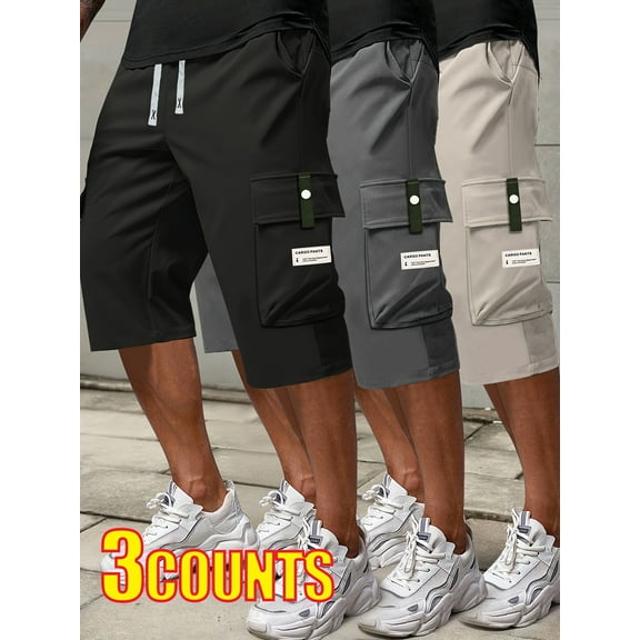 3Pcs men's summer corseted cargo shorts with large pockets letter appliqué - durable polyester non-stretch, casual sporty style, regular fit, available in black/dark grey/olive green