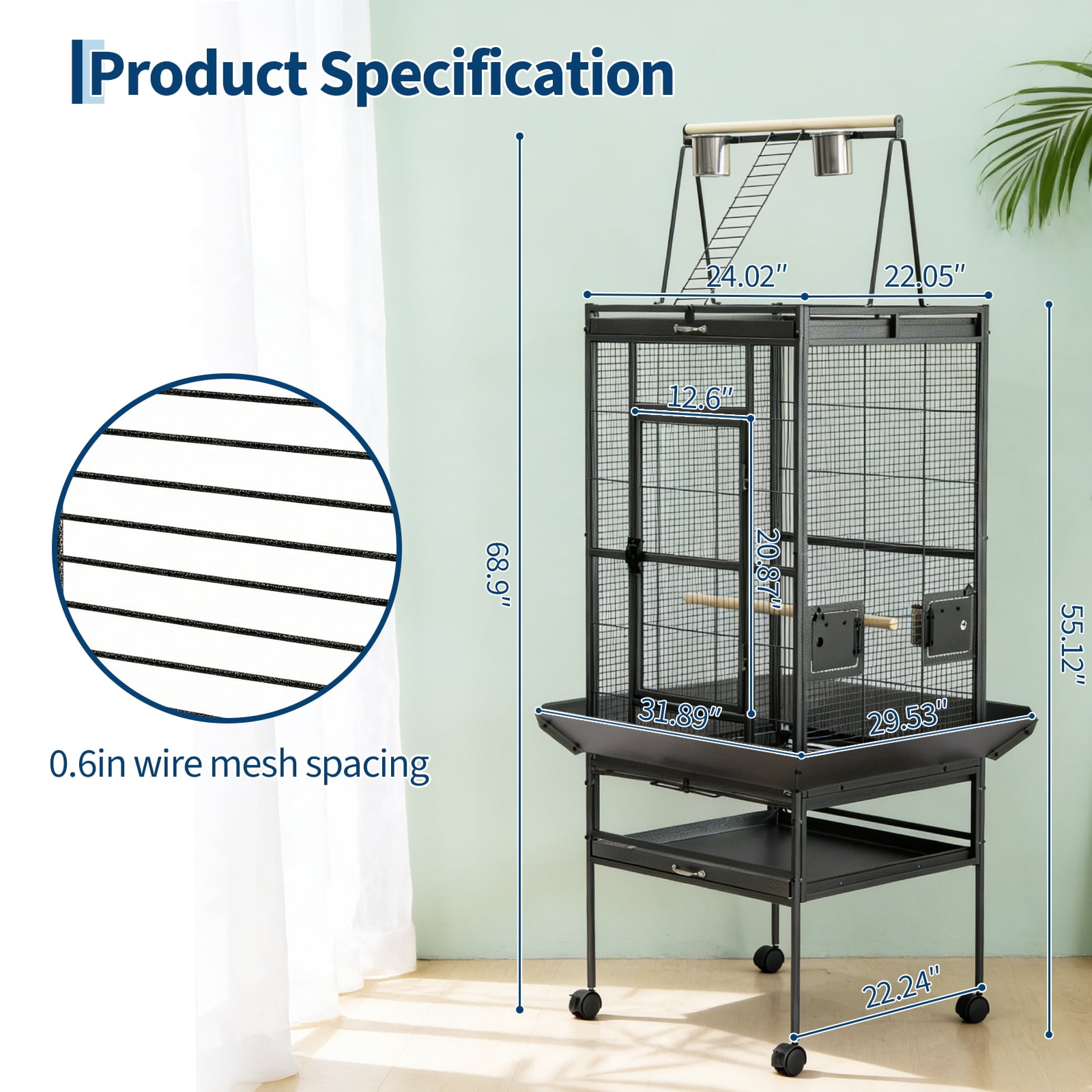 PYY 68-Inch Large Bird Cage for African Grey Parrots Macaws Cockatiels, Heavy Duty Wrought Iron Flight Cage with Play Top, Rolling Stand and Seed Guard, Black