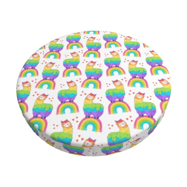 Disketp Rainbow Llama Funda Redonda para Taburete, Funda de Cojín para Silla de Bar Suave y Elástica-14 inch