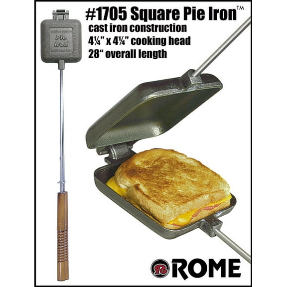 Rome Industry Campfire Cookware 1705 Pie Iron; Cast Iron; Square; 4-1/4 Inch x 4-1/2 Inch Head; 28 Inch Overall Length; With Handle; 3.10 Pounds Weight