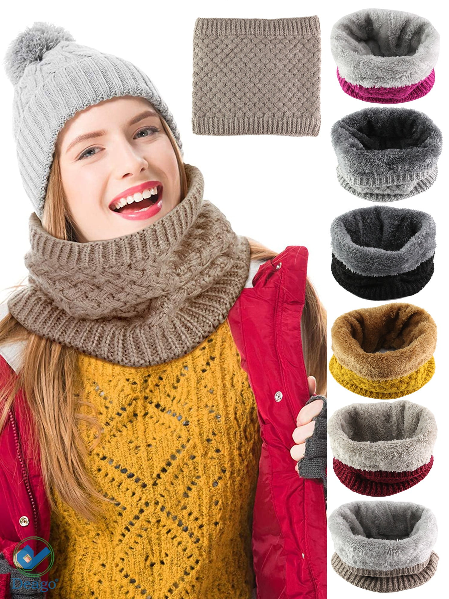 Infinity Scarf for Women Men Double Velvet Thick Ribbed Knit Neck Warmer Collar Scarf Fleece Lined Circle Loop Scarves 