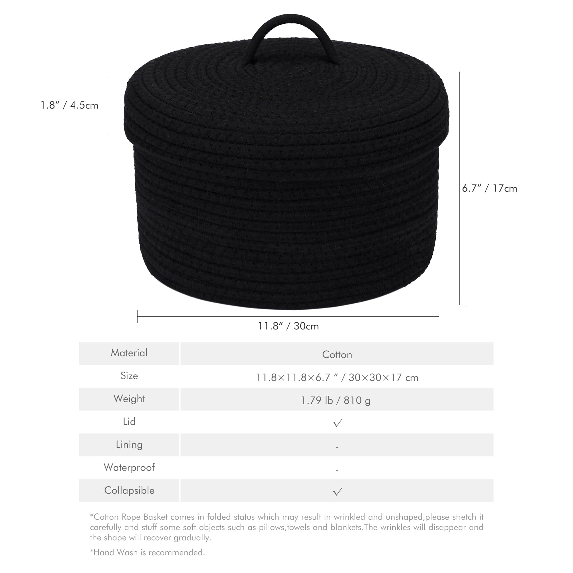 Sea Team Round Cotton Rope Storage Basket with Lid, Lidded Woven Storage Bin, Nursery Storage Container, Diaper Caddy, Baby Shower Basket, Box, Organizer, 11.8 x 11.8 x 6.7 Inches, Black