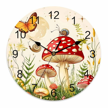 Wall Clock 12 Inch Tropical Country Round Silent Decorative Wall Clocks Battery Operated for Living Room Bedroom Kitchen Classroom Decor, Mushroom Butterfly Snails Red Green,Large
