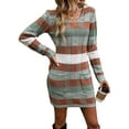 thumbnail image 3 of Women'S Striped Sweater Dress High Waist Knit Textured V Neck Long Sleeve Bodycon Dress Knit Mini Dress Green M, 3 of 9