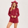 thumbnail image 6 of BRGZLK Women Fleece Onesie Pajama Winter Solid Color Long Sleeve Fleece Fuzzy Cute Bear Hooded Jumpsuit Shorts Warm Soft Cozy One Piece Sleepwear Red XXXXL, 6 of 9
