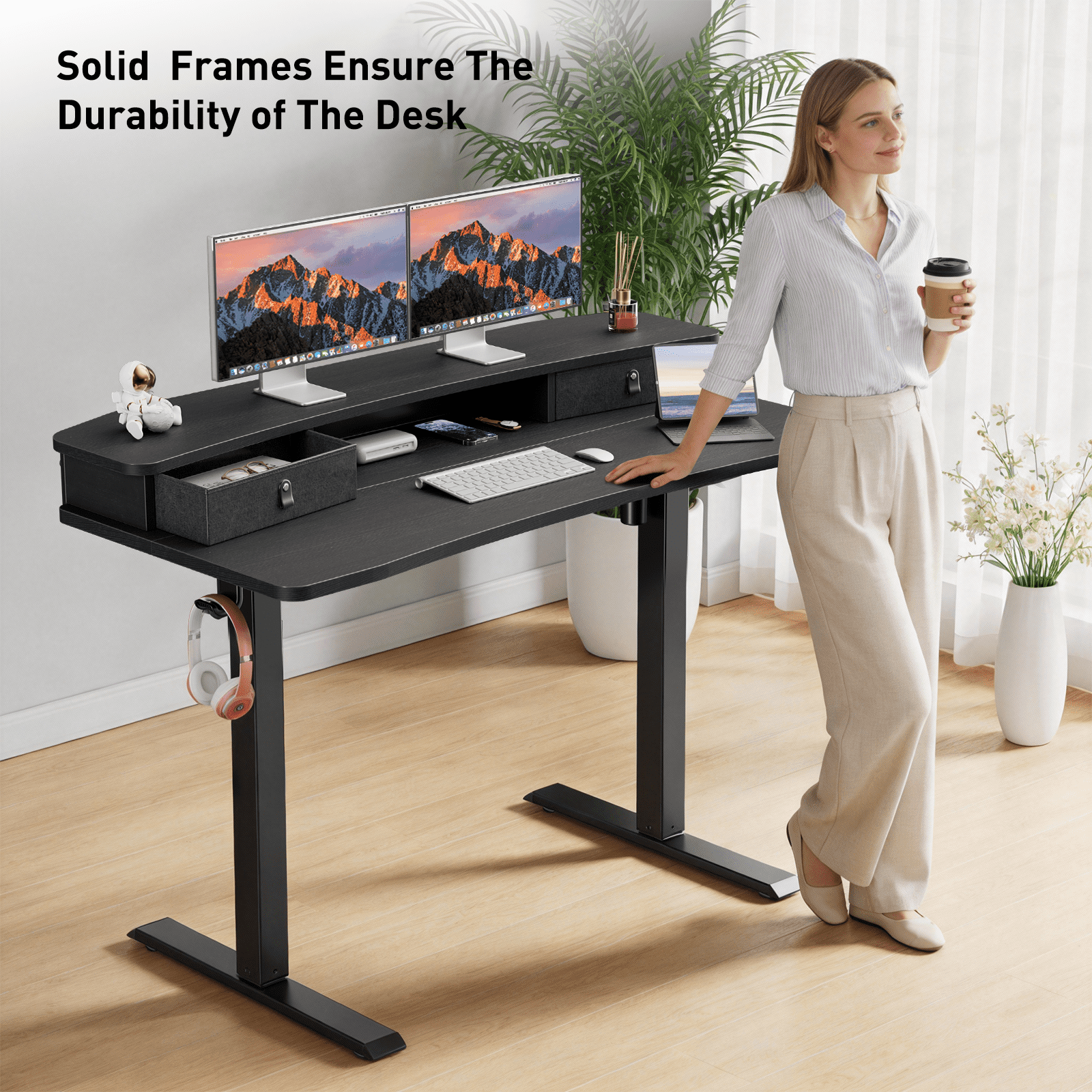 Kyspho Electric Standing Desk with Drawers, 48″ x 24″ Large Adjustable Height Computer Desk for Home Office, C-Clamp Compatible with 4 Presets, Black