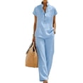 thumbnail image 2 of Linen Sets for Womens 2 Piece Outfits Short Sleeve V Neck Button Shirts and Wide Leg Pants Set Vacation Beach Outfits,Sky Blue,XXL, 2 of 4