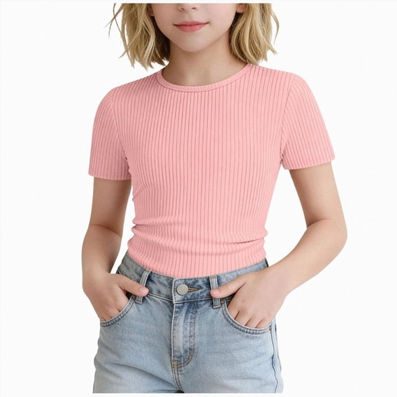 KPOPLK Girls Summer T Shirts Kids Casual Crewneck Solid Short Sleeve Loose Basic Tee Tops 1-12 Years Size 9-10 Years,Pink