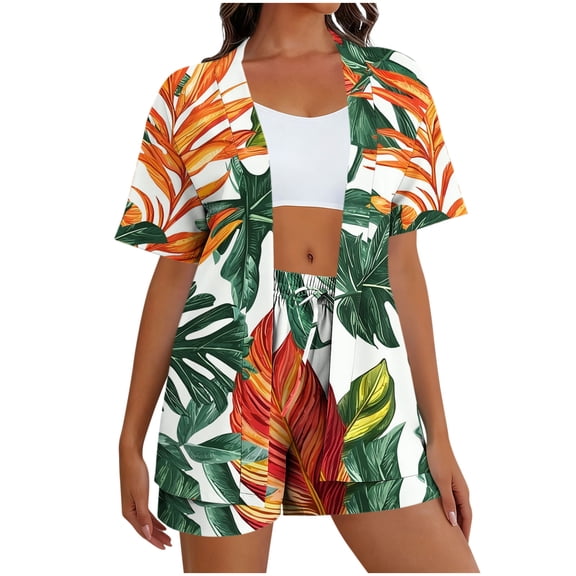 Feancey Women's Vacation Outfit Sets Summer Floral Printed Beach Cover Ups Sets Lightweight Short Sleeve Kimono Top & Shorts Lounge Travel Set Orange XL