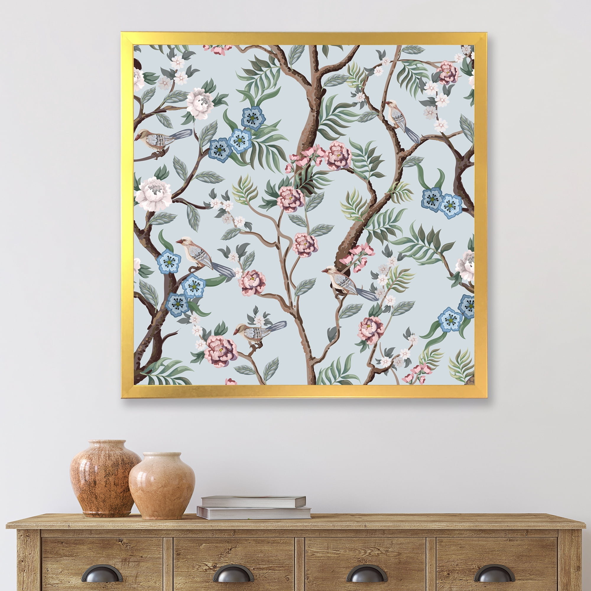 Designart 'Birds and Peonies With Chinoiserie X' Traditional Framed Art Print