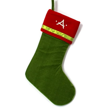 Christmas Stocking Monogrammed Monogrammed Christmas Stocking, Green with Red Cuff Velveteen with Ribbon with Kids Embroidered Initial ()