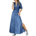 thumbnail image 1 of LUXUR Robe Longue Femme à Col à Revers Kaftan Fête Maxi en Denim Robes Bleu Clair G, 1 of 2