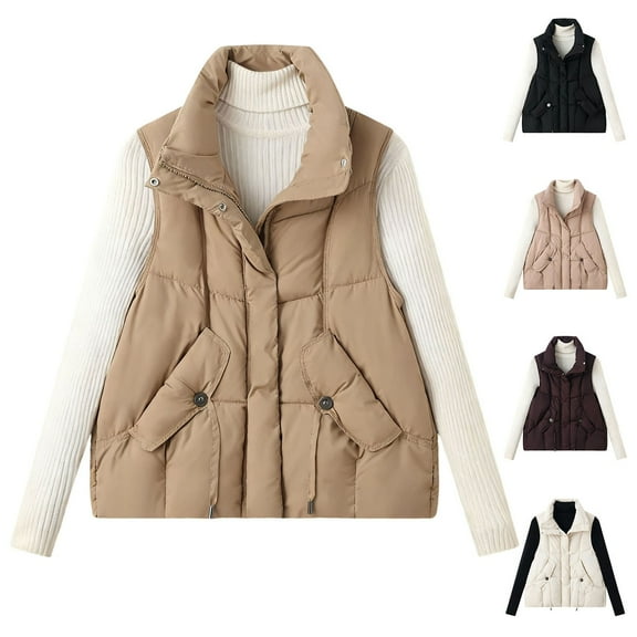 jtjvou Puffer Vest for Women Oversized Sleeveless Zip Up Stand Collar Lightweight Jackets Winter Warm Puffy Down Coats Beige L