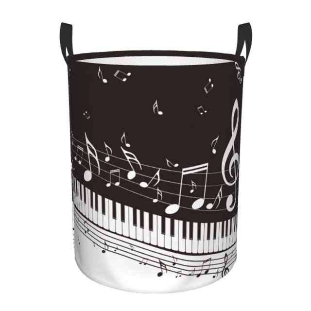 Saiise Piano Keys With Musical Notes Print Large Collapsible Laundry Basket, Waterproof Round Cotton Linen Storage Bin with Handles for Hamper, Kids' Room, and Toy Storage-Medium