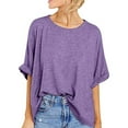 thumbnail image 2 of Oversized Tshirts for Women Summer Casual Tee Crewneck Rolled Short Sleeve T Shirt Loose Workout Tops Plus Size (Small, Purple), 2 of 7