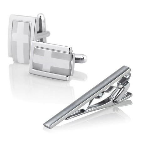 Zodaca Men Metal Silver Tone Necktie Tie Bar Clasp Clip Clamp+Cufflinks Shirt Business