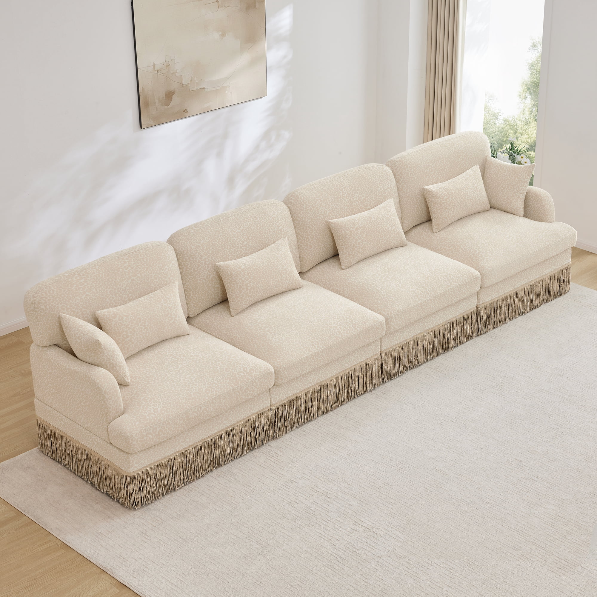 NEW 131" Comfy Chenille Leopard Print 4-Seater Modular Sectional Sofa, Tassel Edge, Ergonomic Design, Easy Assembly, Deep Seat, Beige Coffee