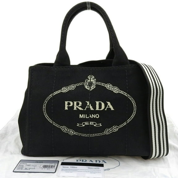 Pre-Owned PRADA Canapa Tote 1BG439 Bag Handbag Canvas Black Medium Stripe (Good)