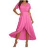 QIUOMBBP Robes Grande Taille pour Femmes Manches Courtes Fente Haute Fluide à Volants Robe Maxi Été Ample Plage Vacances Robe d'Été Rose Vif P