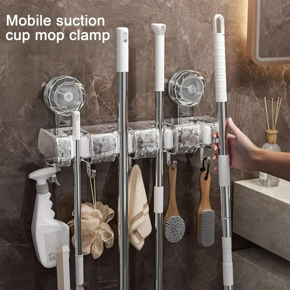 Yesbay Wall Mount Mop Gripper Broom Holder Strong Load-Bearing Anti-Slip Mop Handle Hanger Dustpan Broom Organizer