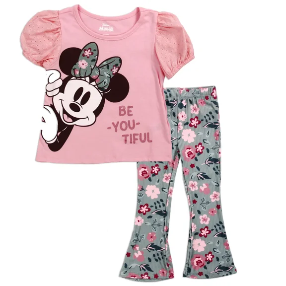 Disney Minnie Mouse Toddler Girls 2 Piece Legging Set Cotton Top Bow Outfit 3T Pink Grey Gift
