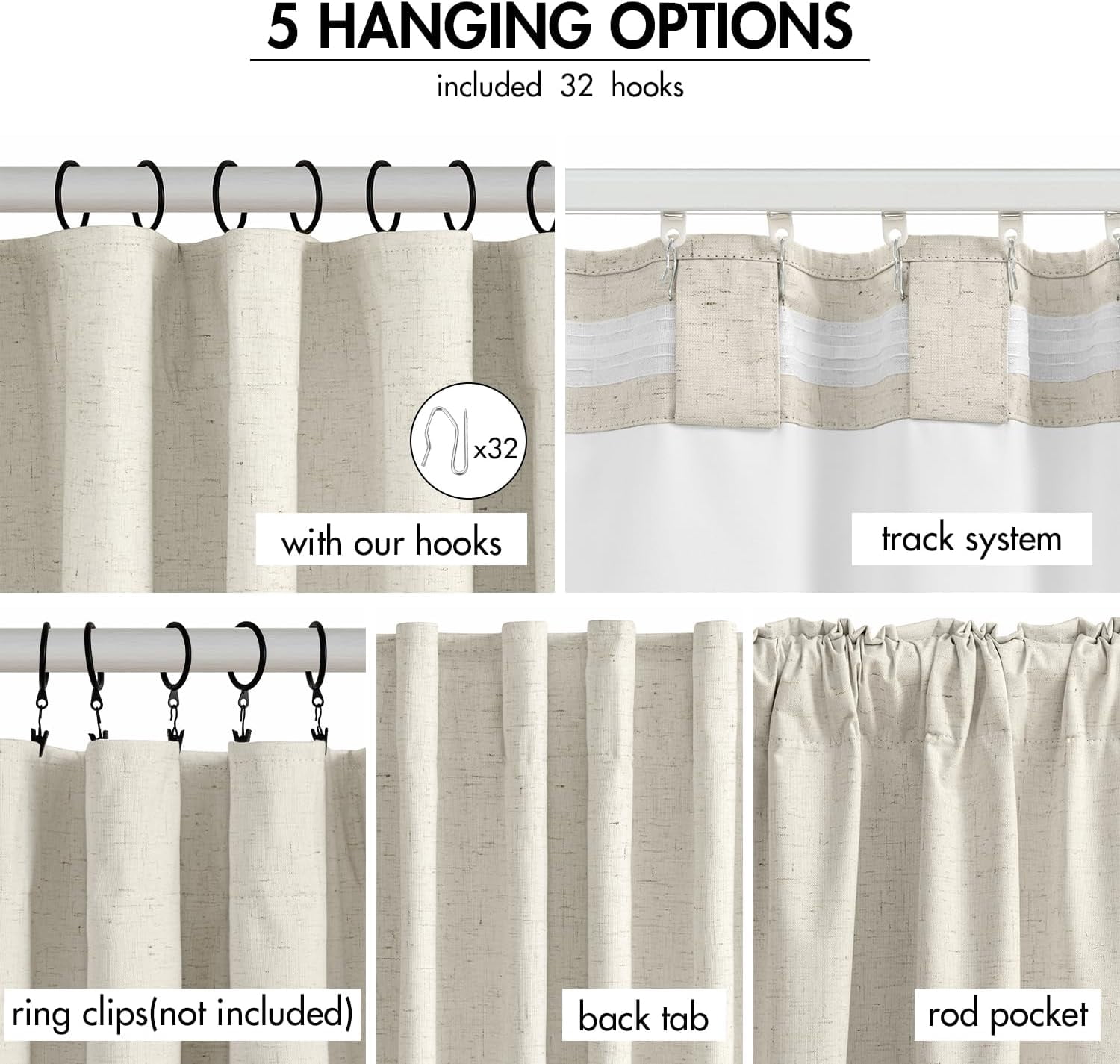 Cream Beige Linen Blackout Curtains 84 inch Long 2 Panels Set for Bedroom Back Tab Thermal Insulated 100% Black Out Drapes Pinch Pleated Hooks Room Darkening Window Curtain for Living Room