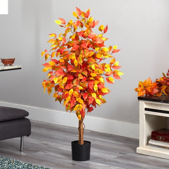 Nearly Natural Ficus Artificial Fall Harvest Potted Tree- 4’- Unlit
