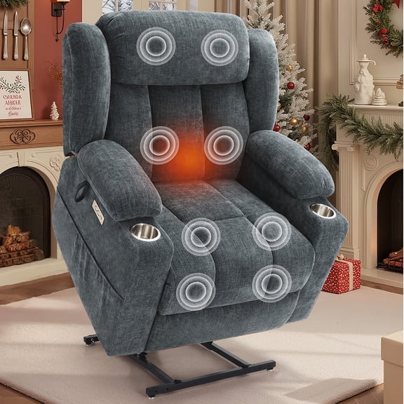 WACASA Power Recliner Chair with Heat and Massage, Lift Chairs for Elderly with Cup Holders, Heavy Duty Oversized Recliners for Adults with Charging ports, Chenille Blue