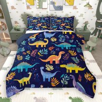 Manfei Colorful dinosaur Queen Comforter Set,Rustic Plant Leaves Bedding Sets,Deepblue Yellow Orange Bedding Comforter Set For Boys Kids,Breathable Home Decor Reversible,3-Piece