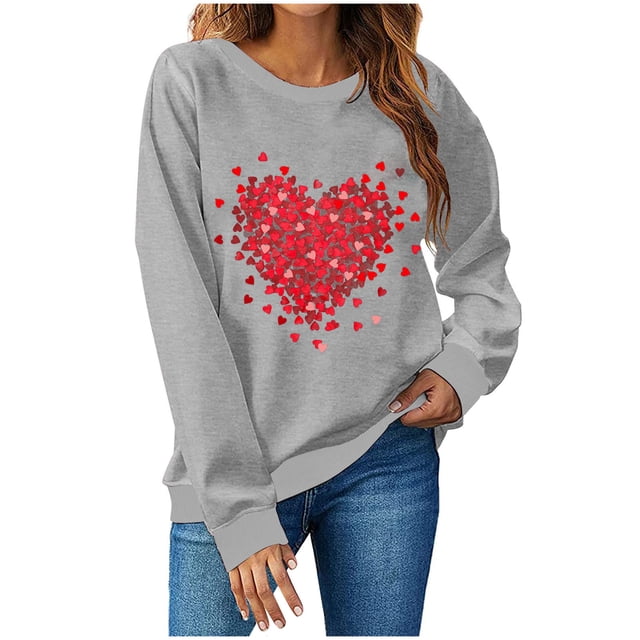 Cameland T-Shirts de la Saint-Valentin pour Femmes Col Rond Manches Longues T-Shirt Décontracté avec Cœur Graphique