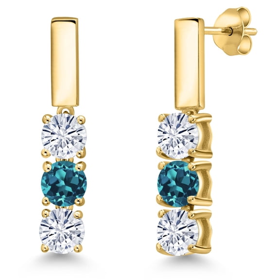 Gem Stone King 18K Yellow Gold Plated Silver White Moissanite and London Blue Topaz Drop Dangle Earrings for Women | 1.70 Cttw | Gemstone Birthstone | Round 5MM