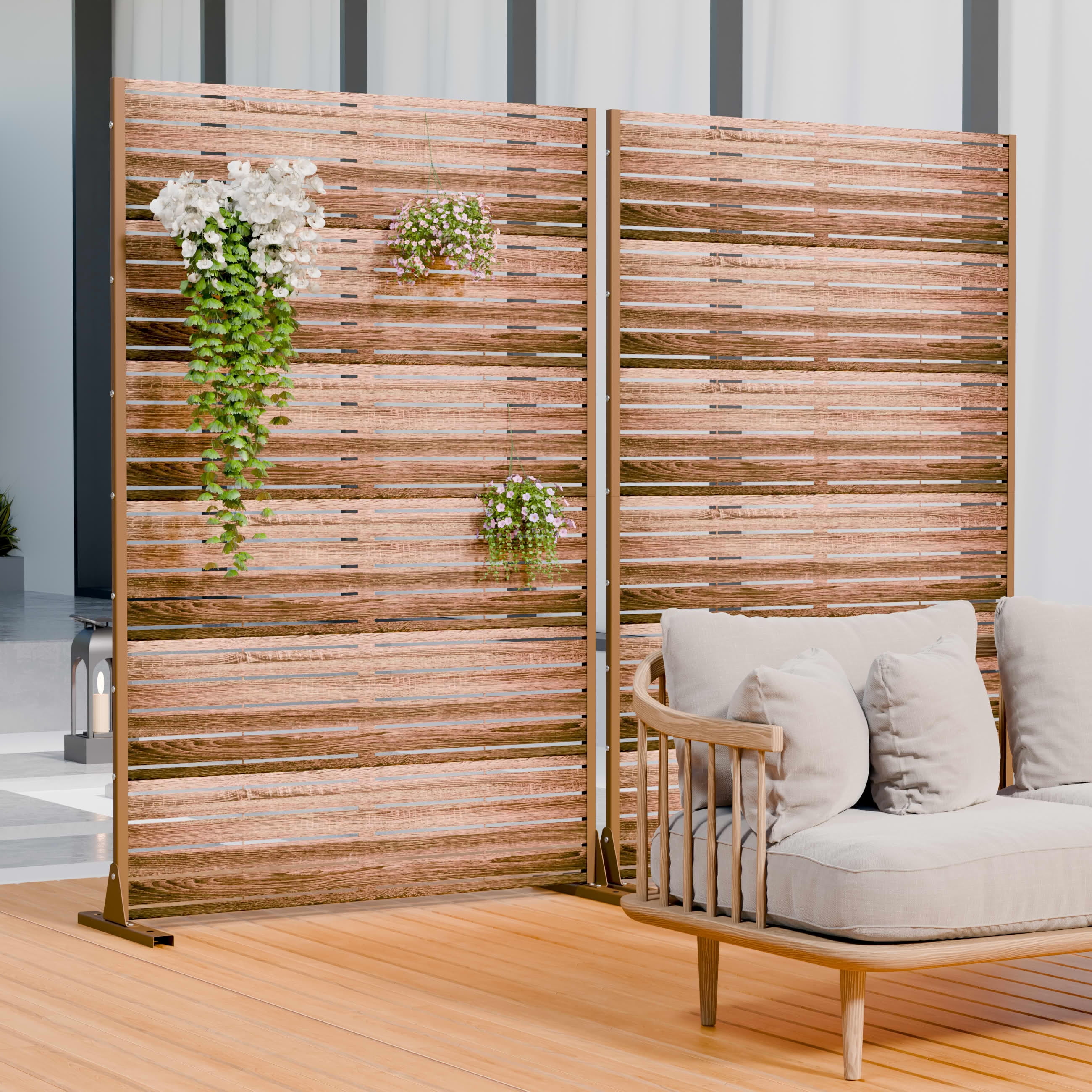 MAYEERTY 2-Piece Outdoor Metal Privacy Screen 6ft × 4ft Natural Wood, 6-Panel Wood Grain Louvered, Weatherproof for Patio