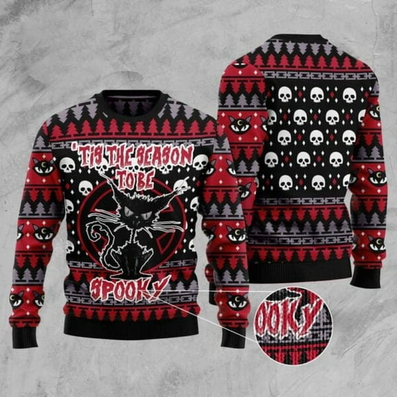 Cat Xmas Sweater, Black Cat Spooky Halloween 3D Christmas Sweater, Sweater Xmas