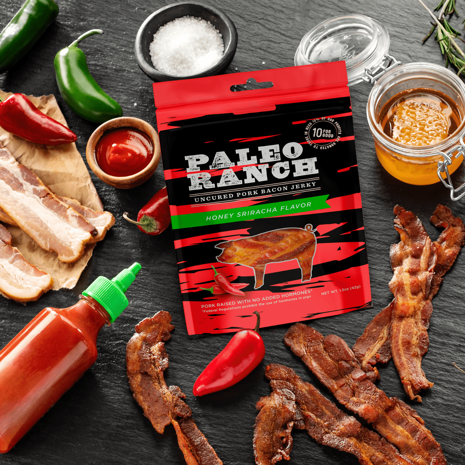 PALEO RANCH, Honey Sriracha Pork Bacon Jerky, No Added Hormones, No Preservatives 1.5 oz (Pack of 4)