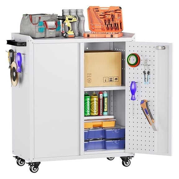 34.3" H Garage Storage Cabinet with Wheels,Lockable Metal Storage Cabinet with 2 Doors for Garage Home Office Storage,White,Assembly Required