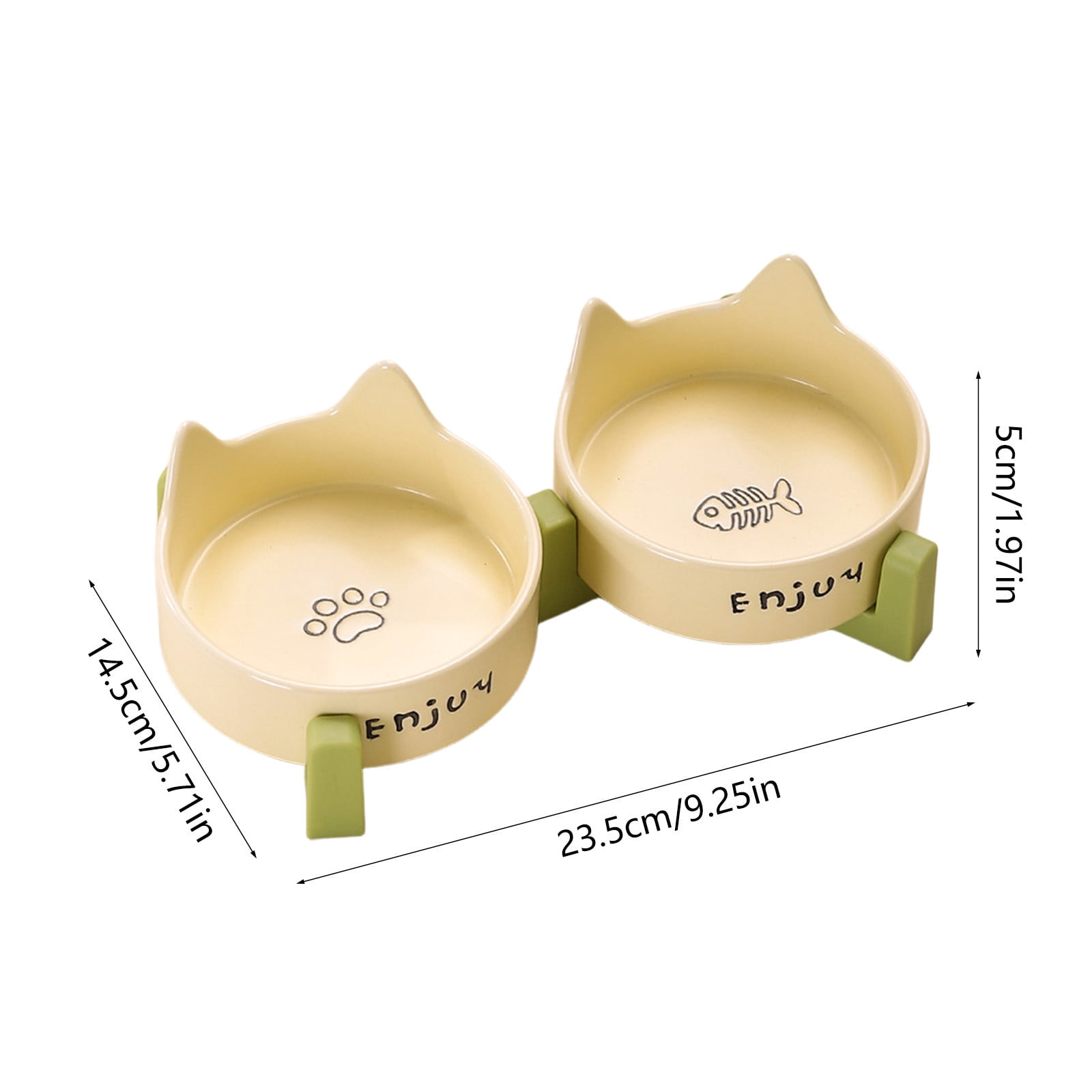 Kuroiy Ceramic Double Bowl Pet Feeder, Raised Cat Dog Food Water Dish, Tall, Wide Mouth, Protection, Stable, Shallow Design, Pink, Yellow, Black, White, 23.5x14.5x5cm, 1.9l