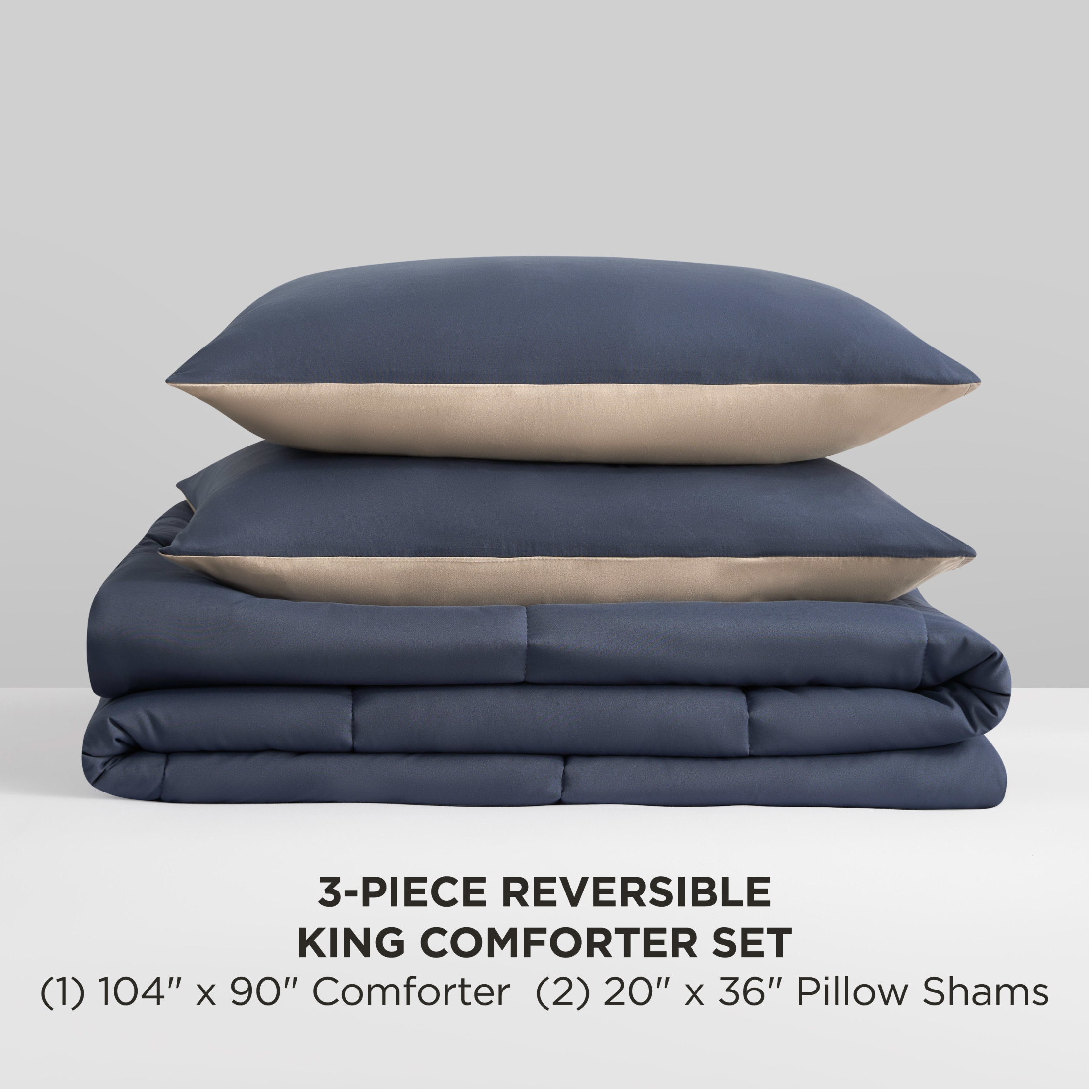 The Sheet Lab Reversible Box Stitch Comforter Set, 3-Piece King – Navy Blue/Tan