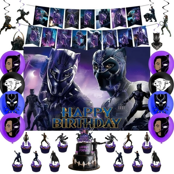 Black Panther themed birthday party supplies decorations, set includes birthday banners, backdrops, balloons, spiral hanging cards, cake decorations, suitable for boys and girls themed party supplies