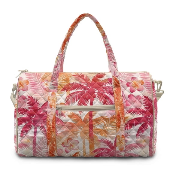 Garronmavis Tropical Palm Print Large Quilted Duffle Bag for Women, Weekender Overnight Bag Carry On Travel Tote Gym Dance Bag with Zipper Pockets