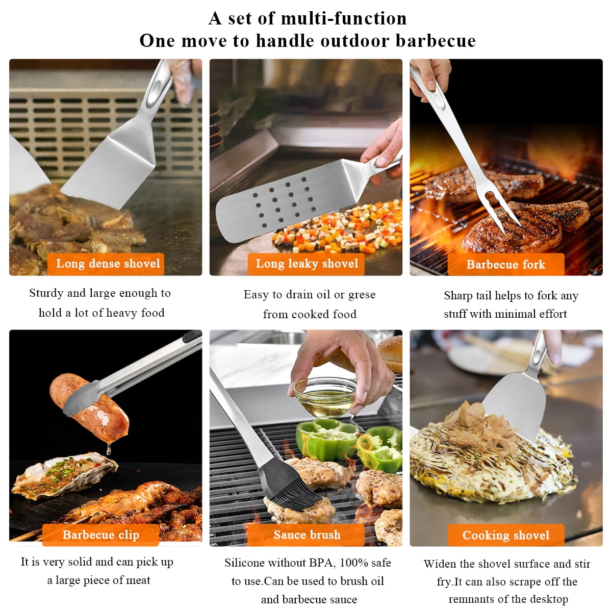 ReaNea Silver Barbecue Set of 10 Stainless Steel Grill Tool Set for All Grill Types and Dishwasher Safe