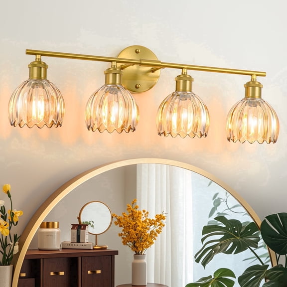 GCGAFUL Modern Gold Bathroom Vanity Light, 26 in. 4-Light Wall Sconce with Amber Tulip Glass Shade