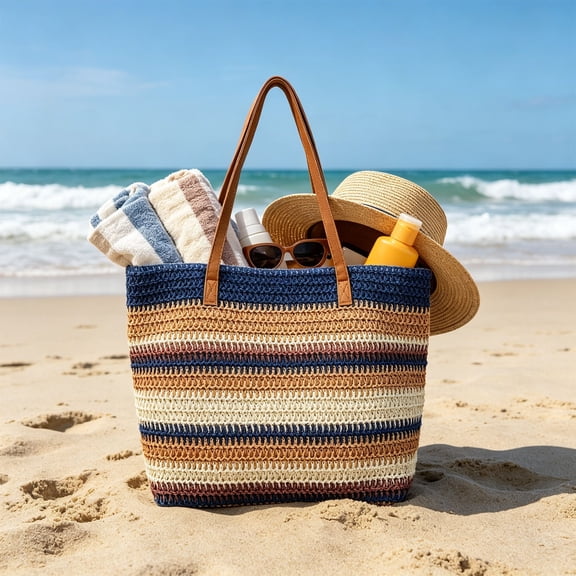 Linnome Striped Woven Straw Beach Tote Bag Large Capacity Summer Carryall Handbag Color Block Weave Shopping Shoulder Bag for Seaside Vacation Daily Outdoor Outings