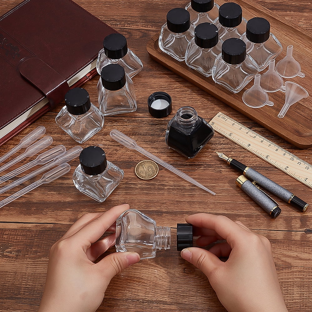 Glass Fountain Pen Ink Bottle with Plastic Bottle Cap Funnel Hopper Dropper Clear 4x4.3x5.7cm Capacity: 30ml(1.01fl. oz) 12pcs for making