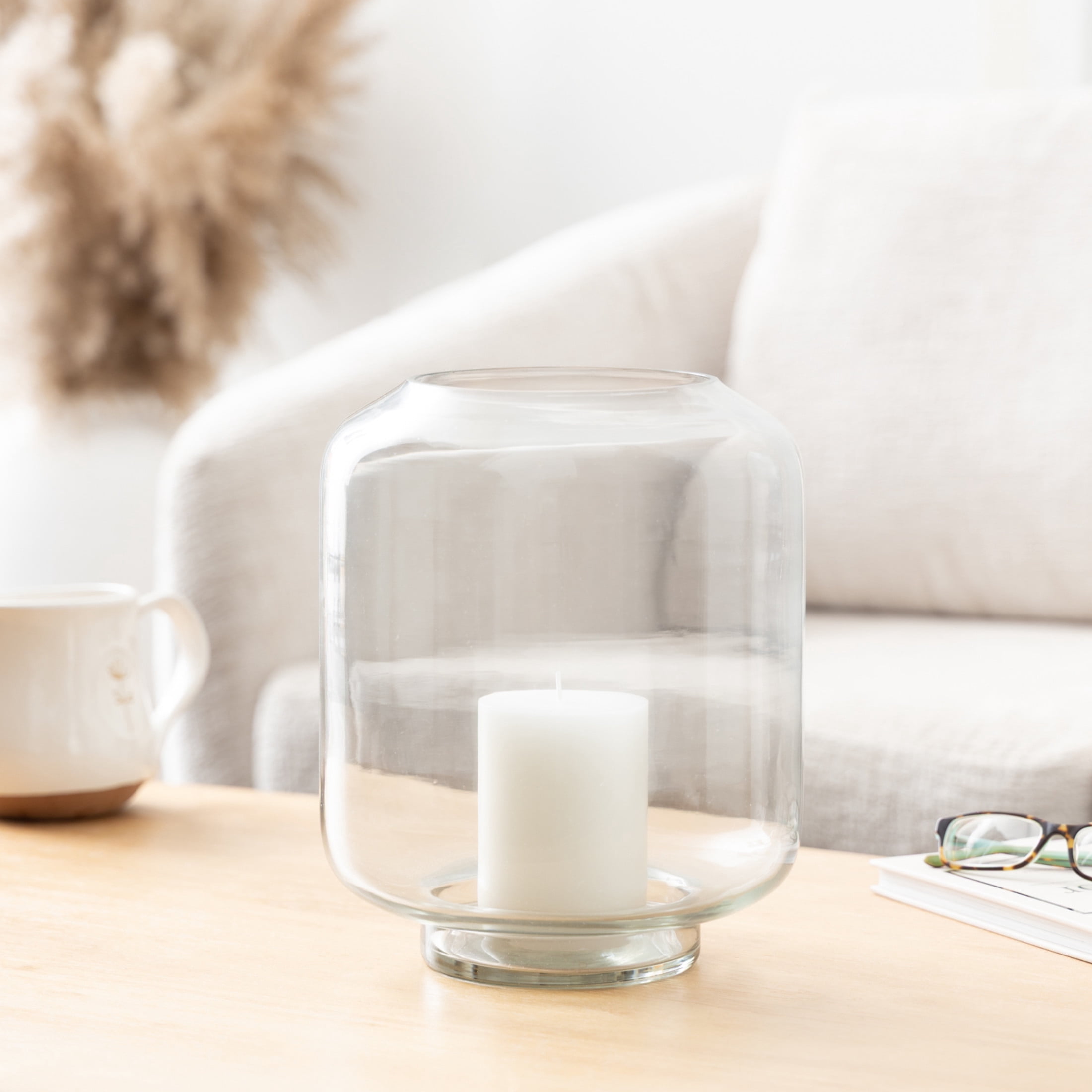 DecMode Glass Wide Hurricane Lamp with Elevated Base