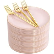 200Pcs Plastic Pink Dessert Plates with Disposable Gold Forks,Heavy Duty Pink Disposable Salad Platos,Gold Small Platos,Fancy Appetizer Plates for Mother's Day