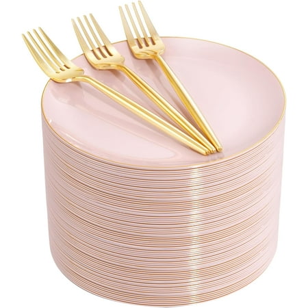 200Pcs Plastic Pink Dessert Plates with Disposable Gold Forks,Heavy Duty Pink Disposable Salad Platos,Gold Small Platos,Fancy Appetizer Plates for Mother's Day