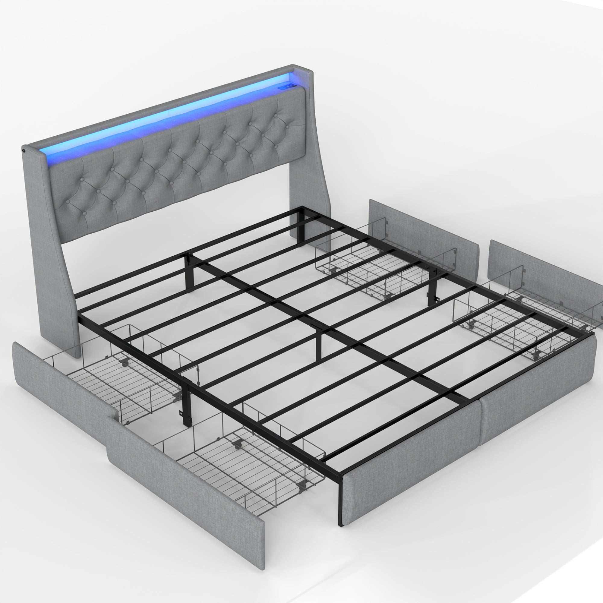 HOQBN Queen Size Bed Frame with Storage Headboard and 4 Drawers, Metal Bed Frame Platform with LED Light, Charging Station, No Box Spring Needed