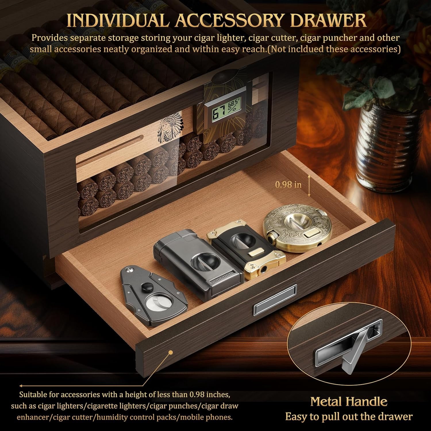 Large Cedar Wood Cigar Humidor Box with Digital Hygrometers and Travel Tubes