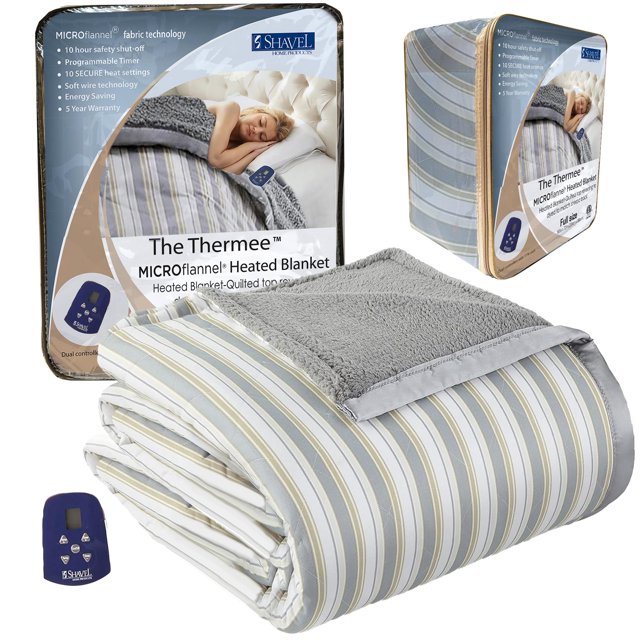 Thermee Micro Flannel Heated Blanket With Sherpa Back - Full Size, 10-Setting Electric, Programmable, Ultra-Soft Throw, Fast Heating Thermal - City Stripe